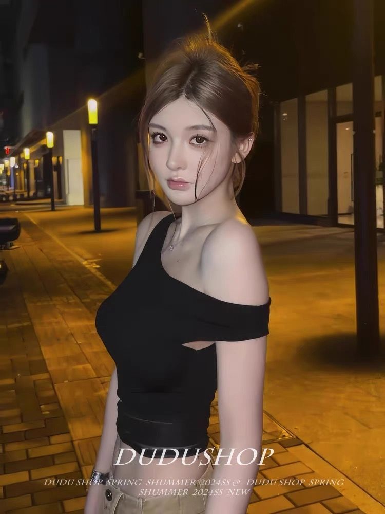 Women's Sexy Black Hollow Out Summer Top, Asymmetric Off Shoulder Sleeveless Slim Fit Fashion Crop Top For Women