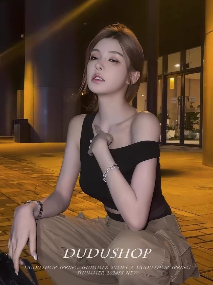 Women's Sexy Black Hollow Out Summer Top, Asymmetric Off Shoulder Sleeveless Slim Fit Fashion Crop Top For Women