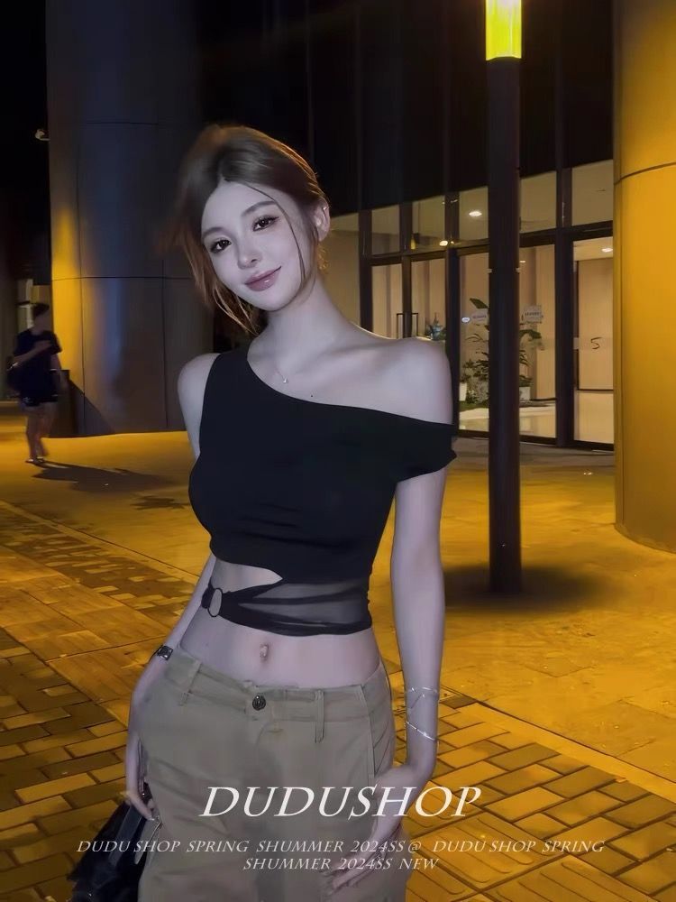 Women's Sexy Black Hollow Out Summer Top, Asymmetric Off Shoulder Sleeveless Slim Fit Fashion Crop Top For Women