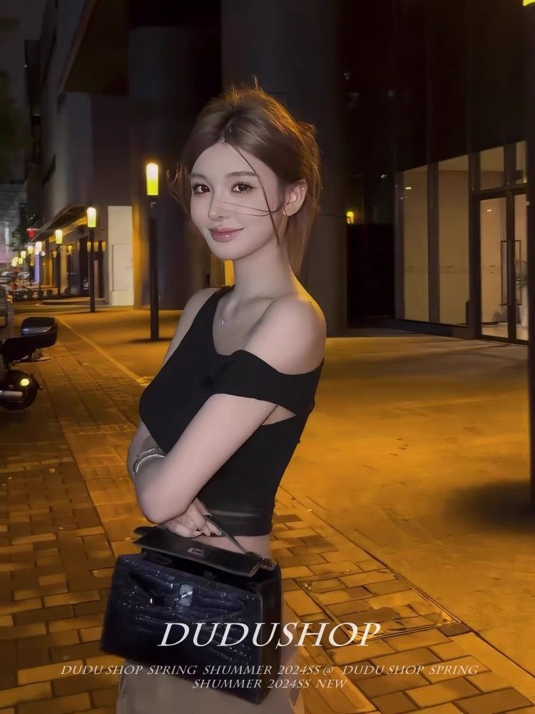 Women's Sexy Black Hollow Out Summer Top, Asymmetric Off Shoulder Sleeveless Slim Fit Fashion Crop Top For Women