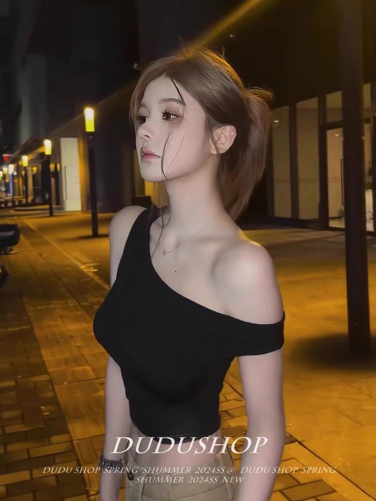 Women's Sexy Black Hollow Out Summer Top, Asymmetric Off Shoulder Sleeveless Slim Fit Fashion Crop Top For Women