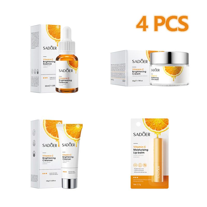 4pcs Set Vitamin C Whitening Moisturizing Skin Care Set Gifts Set Face Vitamin C Essence + Face Cleanser + Brightening Face Cream + Lip Balm