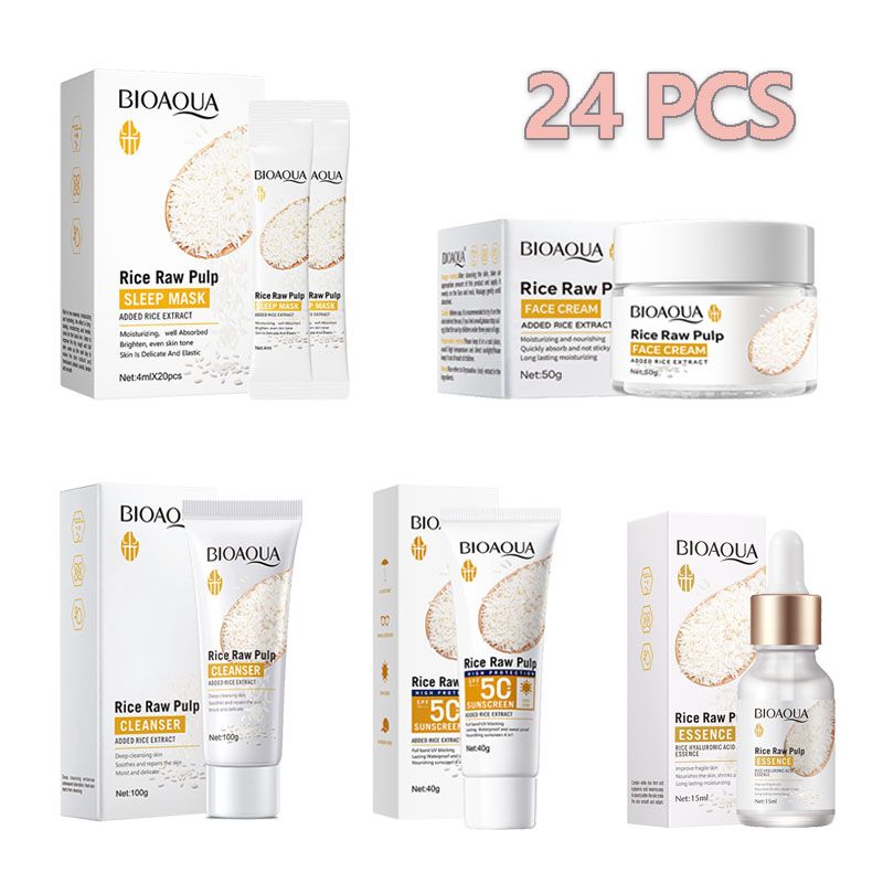 24pcs Rice Raw Pulp Brightening Moisturizing Deep Clean UV Blocking Skin Care Sets Facial Cleanser + Face Cram + Face Essence  + SPF50+ Sunscreen + 20pcs Sleep Masks