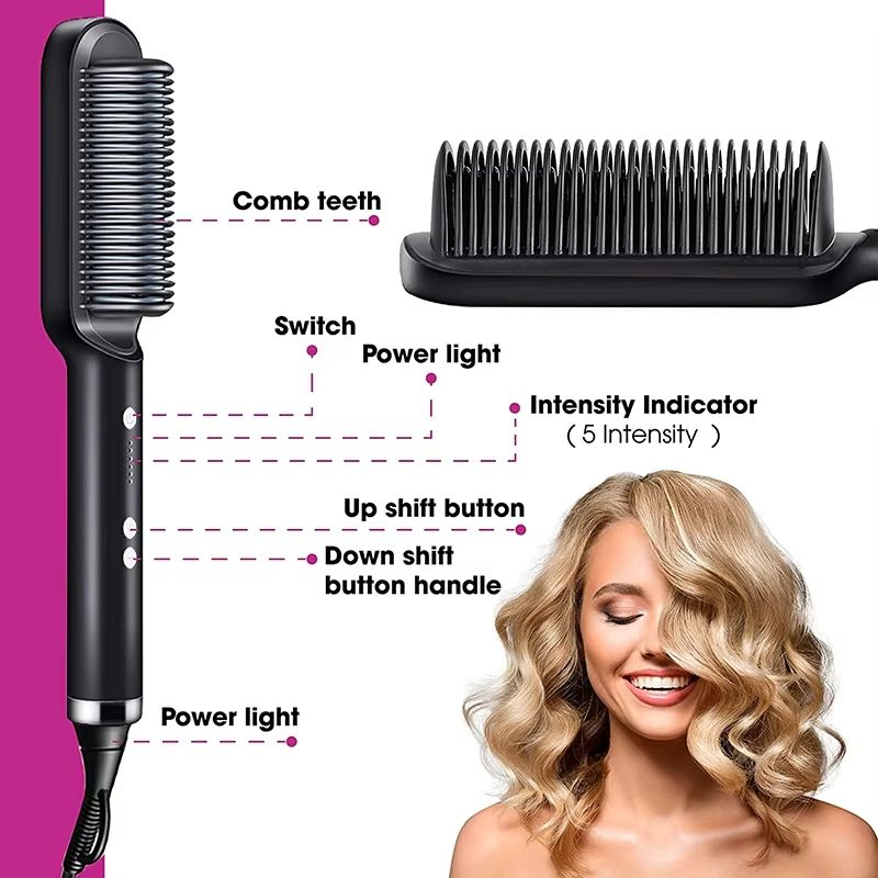 2 in 1 Electric Hair Straightener Comb Curly Hair Comb Portable Hair Straightening Brush Safe Negative Ion Comb Multi-function Wet and Dry Use Fast Heating Hot Hair Straightener Hair Styling Tools