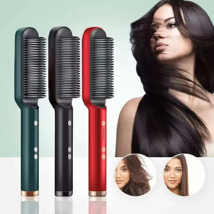 2 in 1 Electric Hair Straightener Comb Curly Hair Comb Portable Hair Straightening Brush Safe Negative Ion Comb Multi-function Wet and Dry Use Fast Heating Hot Hair Straightener Hair Styling Tools