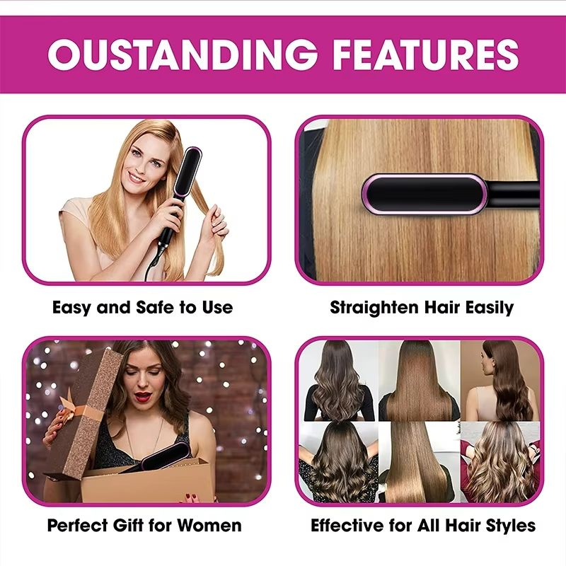 2 in 1 Electric Hair Straightener Comb Curly Hair Comb Portable Hair Straightening Brush Safe Negative Ion Comb Multi-function Wet and Dry Use Fast Heating Hot Hair Straightener Hair Styling Tools