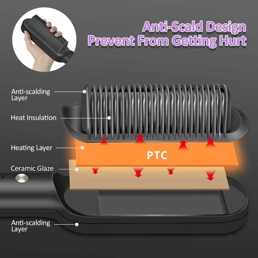 2 in 1 Electric Hair Straightener Comb Curly Hair Comb Portable Hair Straightening Brush Safe Negative Ion Comb Multi-function Wet and Dry Use Fast Heating Hot Hair Straightener Hair Styling Tools