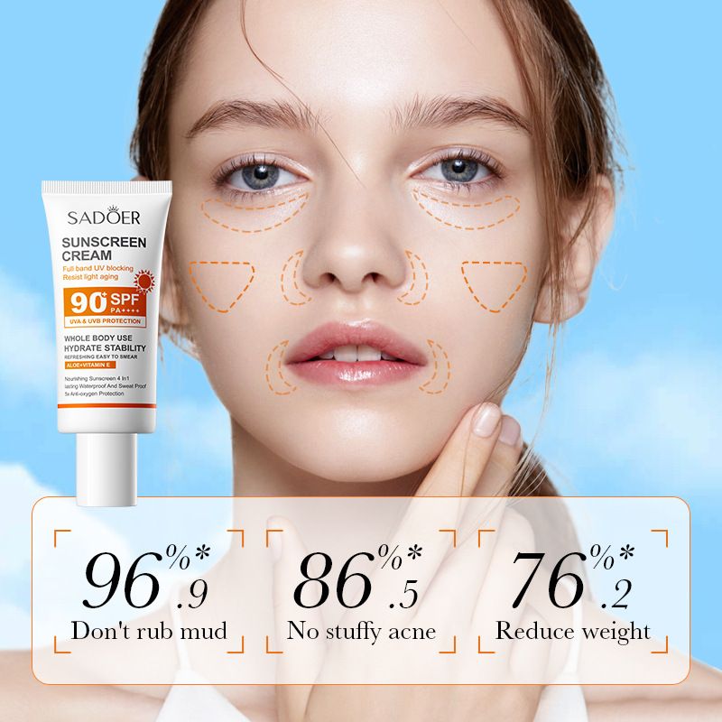 SADOER SPF90+ Sunscreen Gentle Non-greasy and Invisible Protects Soothes Sensitive Skin Sun Cream UV Blocking Anti-oxygen Protection