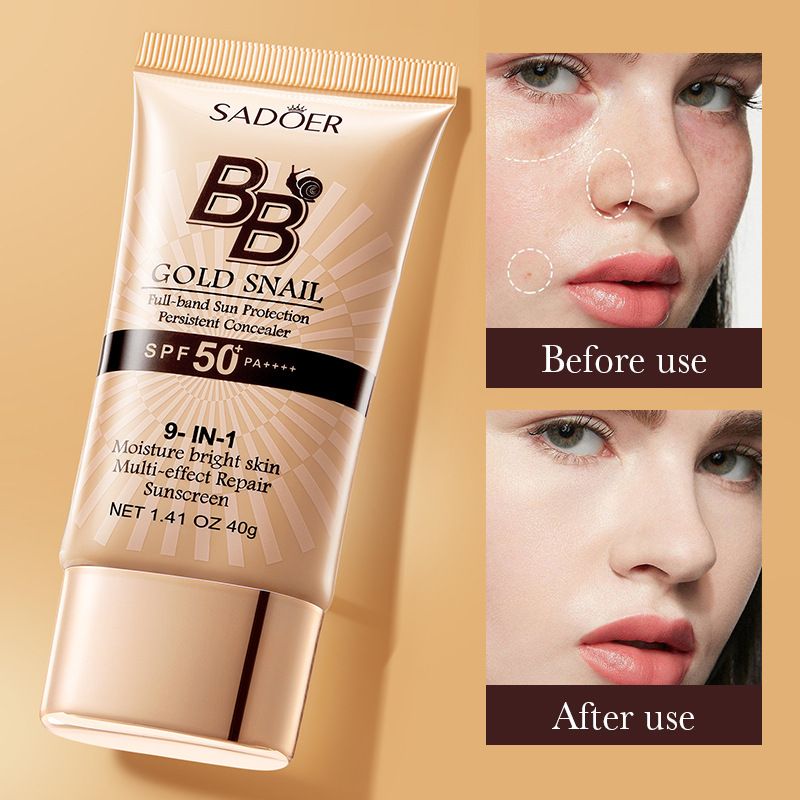 SADOER Golden Snail SPF50 PA++++ Sunscreen BB Cream Foundation Face Repair Concealer Moisturizing Isolation Makeup Sunblock Foundation