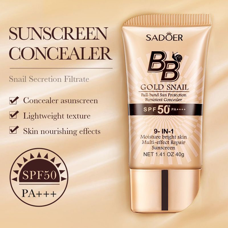 SADOER Golden Snail SPF50 PA++++ Sunscreen BB Cream Foundation Face Repair Concealer Moisturizing Isolation Makeup Sunblock Foundation