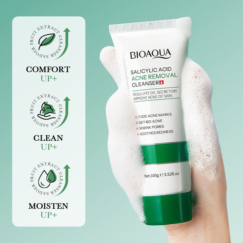 2 In 1 BIOAOUA Salicylic Acid Skin Care Set Deep Cleansing Moisturizing Salicylic Acid Face Cleanser + Oil Control Facial Essence Anti-Acne Salicylic Acid Face Serum