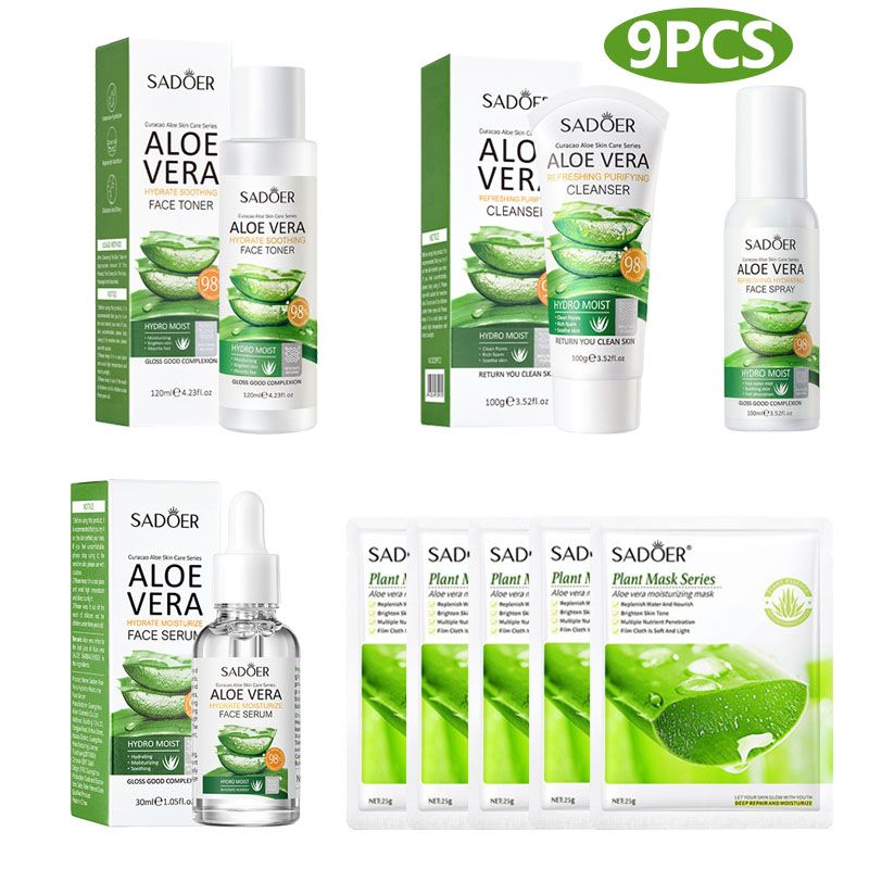 9PCS Aloe Vera Hydrating Skin Care Set Face Toner + Face Cleanser + Face Serum + Face Spray + 5PCS Face Mask 9PCS