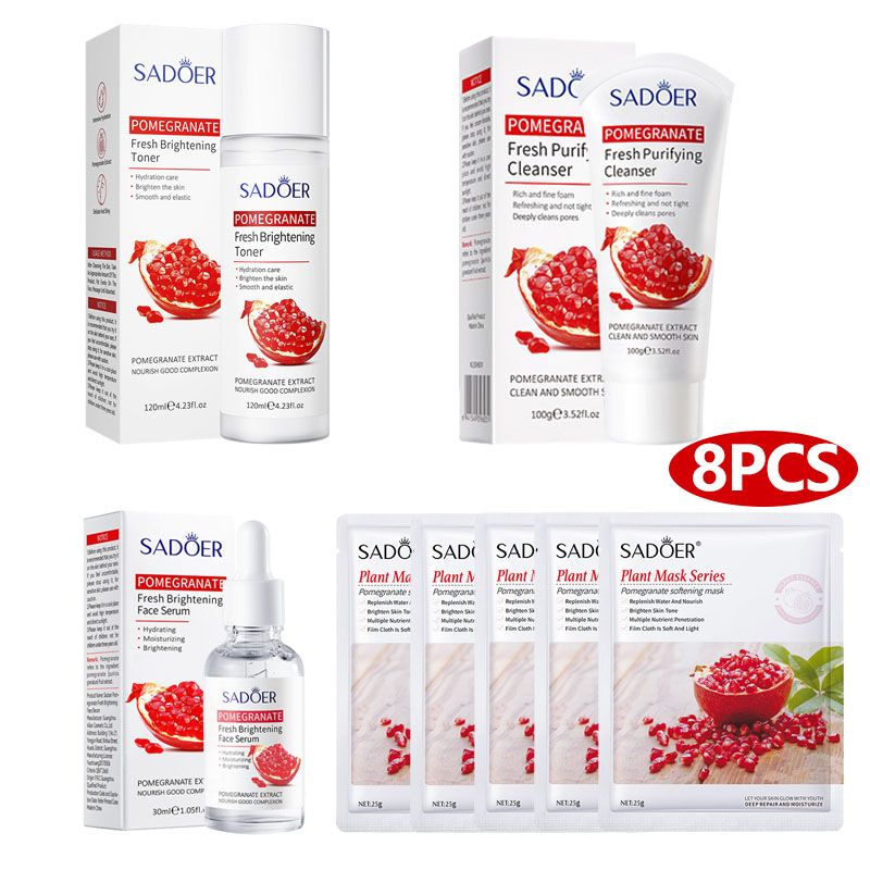 8PCS Pomegranate Fresh Whitening Brightening Skin Care Set Face Toner + Face Cleanser + Face Essence + 5PCS Face Mask