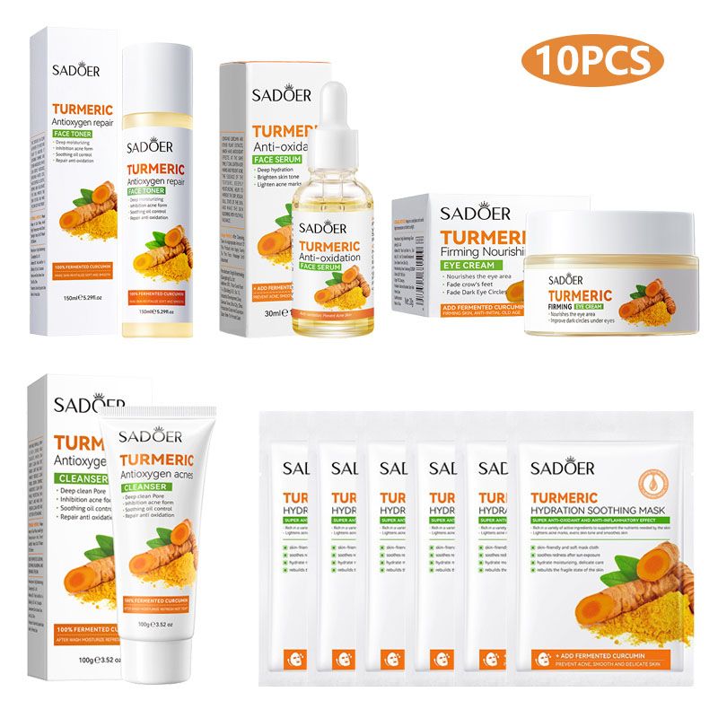 10PCS Turmeric Antioxygen Acne Hydrating Repair Skin Care Set Face Toner + Face Essence + Face Cleanser + Eye Cream + 6PCS Face Mask
