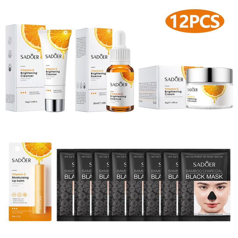 12PCS Vitamin C Brightening Blackhead Removal Hydration Repair Skin Care Set Whitening Face Cleanser + Face Serum + Face Cream + Lip Balm + 8PCS Blackhead Removal Mask