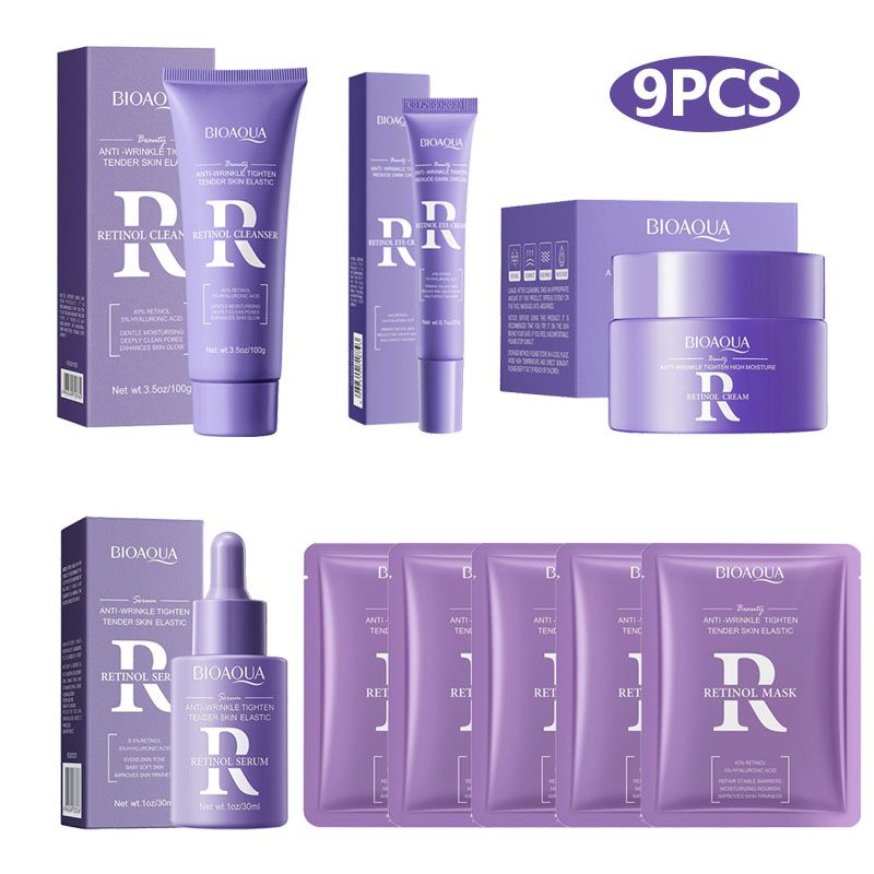 9PCS BIOAOUA Retinol Anti-Wrinkle Firming Skin Care Set Face Cleanser + Face Serum + Face Cream + Eye Cream + 5PCS Face Masks