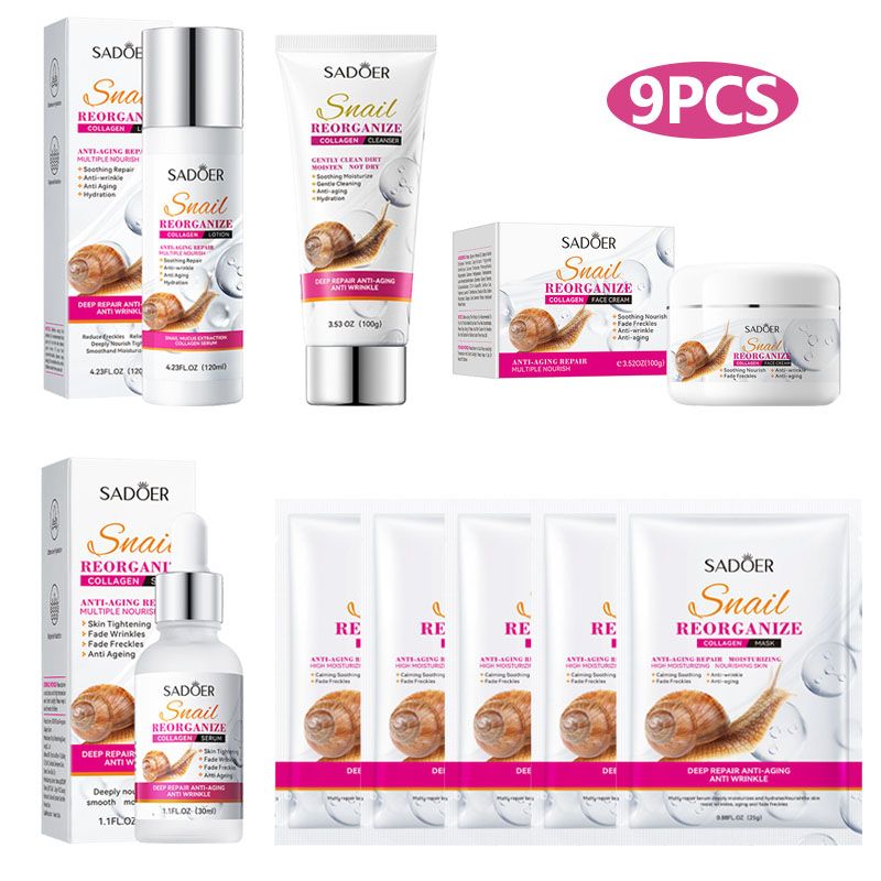 9PCS Sadoer Snail Restructuring Collagen Anti-aging Repair Hydration Skin Care Set Face Lotion + Face Cleanser + Face Serum + Face Cream + 5PCS Face Masks