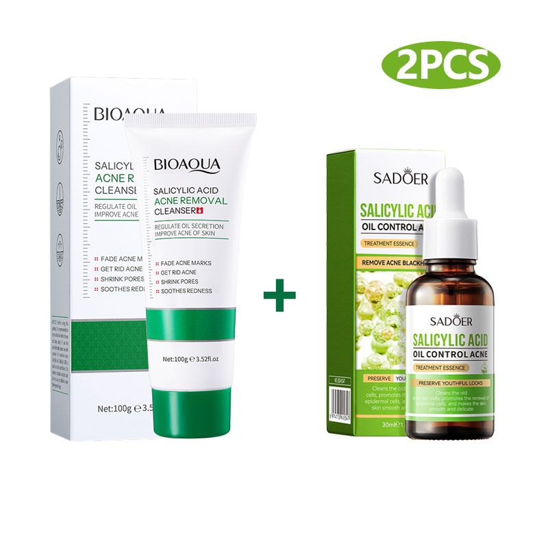 2 In 1 BIOAOUA Salicylic Acid Skin Care Set Deep Cleansing Moisturizing Salicylic Acid Face Cleanser + Oil Control Facial Essence Anti-Acne Salicylic Acid Face Serum