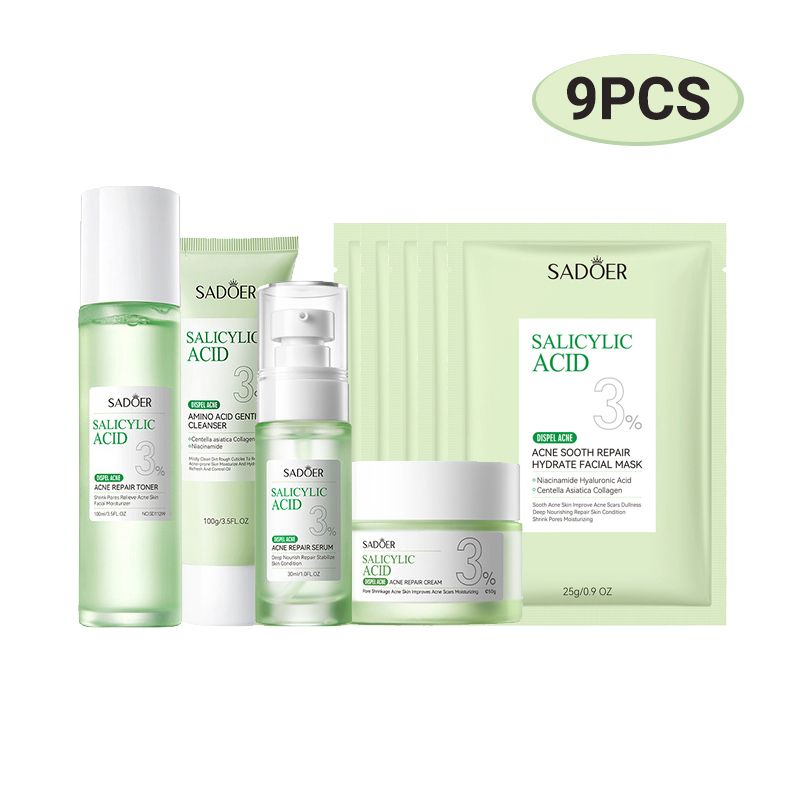 9PCS Salicylic Acid Dispel Acne Set Acne Repair Face Cream + Lighten Acne Marks Face Cleanser + Anti-Acne Repair Toner + Acne Removal Face Serum + 5PCS Acne Sooth Repair Hydrate Facial Masks