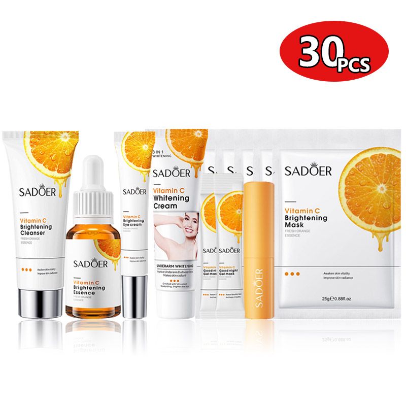 30pcs Set Vitamin C Whitening Moisturizing Skin Care Set Gifts Set Face Vitamin C Essence + Face Cleanser + Eye Cream + 5pcs Brightening Masks + Underarm Whitening Cream + Lip Balm + 20pcs Gel Masks