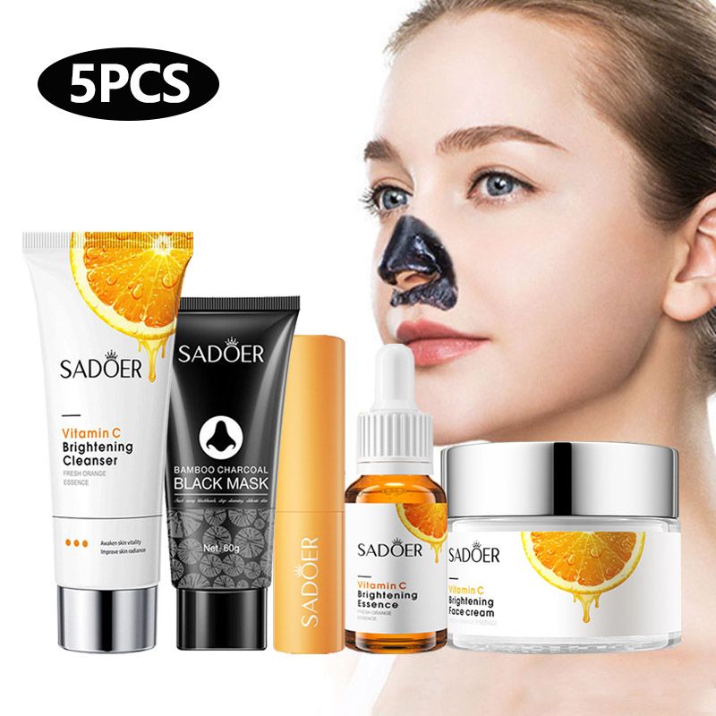 SADOER 4PCS Skin Care Set Vitamin C Whitening Blackhead Removing Set Face Cleanser + Vitamin C Face Serum + Face Cream + Bamboo Charcoal Blackhead Removal Mask + Moisturizing Lip Balm