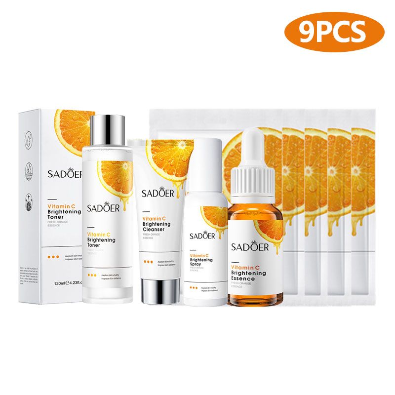 SADOER 9PCS Skin Care Set Vitamin C Whitening Brightening Set Face Toner + Face Cleanser + Vitamin C Face Serum + Hydrating Spray + 5PCS Face Mask