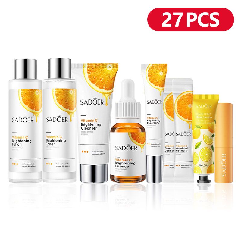 SADOER 27PCS Skin Care Set Vitamin C Hydrating Whitening Face Toner + Face Lotion + Face Cleanser + Vitamin C Face Serum + Eye Cream + 20PCS Sleeping Mask + Hand Cream + Lip Balm