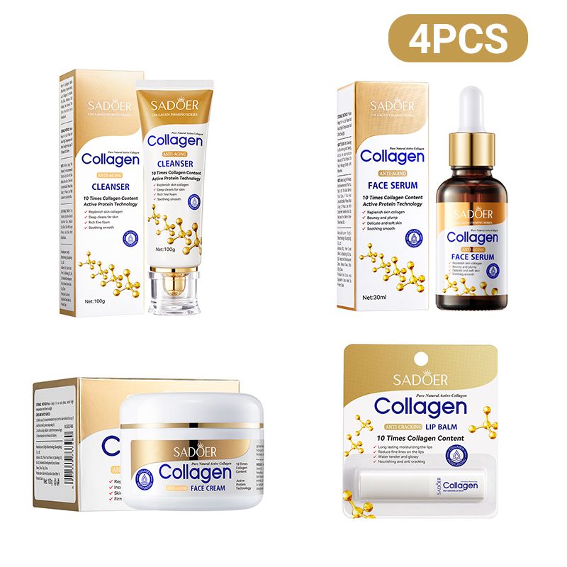 SADOER 4PCS Skin Care Set Collagen Anti-Wrinkle Moisturizing Set Face Cleanser + Anti-aging Collagen Face Cream + Collagen Face Serum + Lip Balm