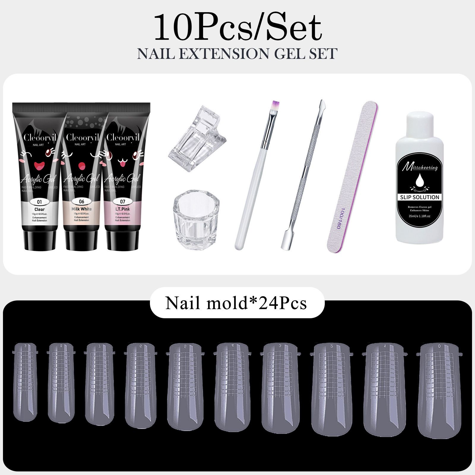 10pcs/set Nail Extension Gel Kit Clear Pink White Poly Nail Gel Nail Extension Set Nail Art Design Beginner Kit with Poly Brush and Slip Solution Nail Art Tool Set