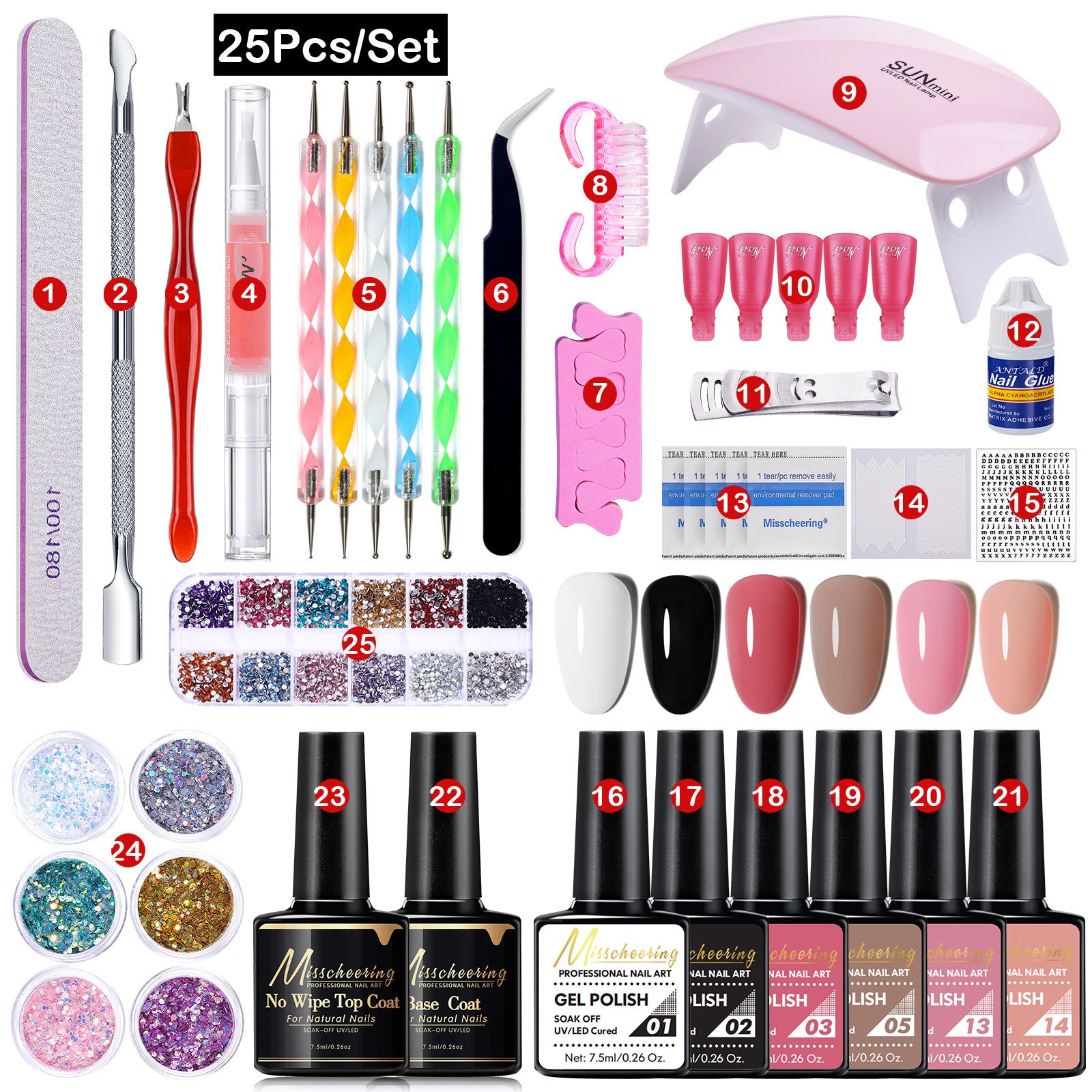 25pcs Poly Extension Gel Nail Kit Poly Gel Kit with LED Nail Dryer Nail Manicure Tool Kits Nail Art Design Beginner
