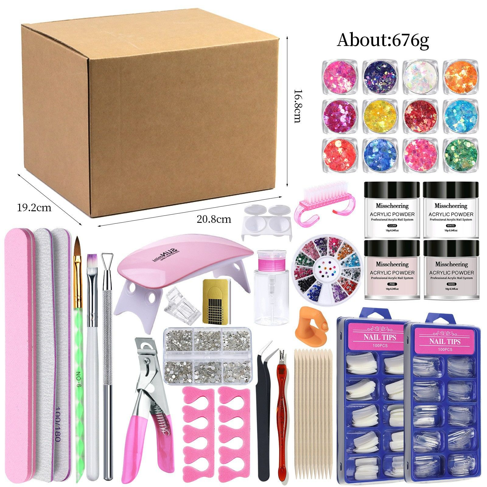 38pcs/set Professional Nail Art Acrylic Nail Kit with UV LED Lamp Nail Forms Soft Extension Nail Tips Nail Tool Set Full Manicure Tools Set With Glitter Rhinestones