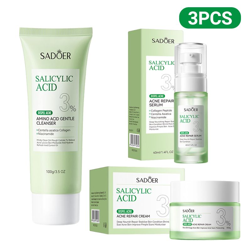 SADOER 3 In 1 Skin Care Set Salicylic Acid Set Dispel Acne Repair Face Cream + Lighten Acne Marks Face Cleanser + Acne Removal Repair Face Serum