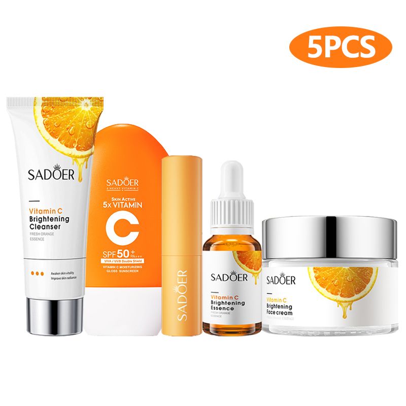 SADOER 5PCS Skin Care Set Vitamin C Sunscreen Whitening Moisturizing Set Vitamin C Face Cream + Face Cleanser + Vitamin C Face Serum + SPF50+ Sunscreen + Lipstick