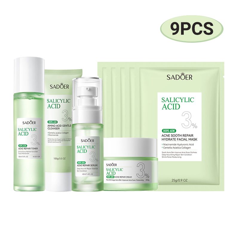 SADOER 9PCS Skin Care Set Salicylic Acid Set Dispel Acne Repair Face Cream + Lighten Acne Marks Face Cleanser + Anti-Acne Repair Toner + Acne Removal Face Serum + 5PCS Acne Sooth Hydrate Facial Masks