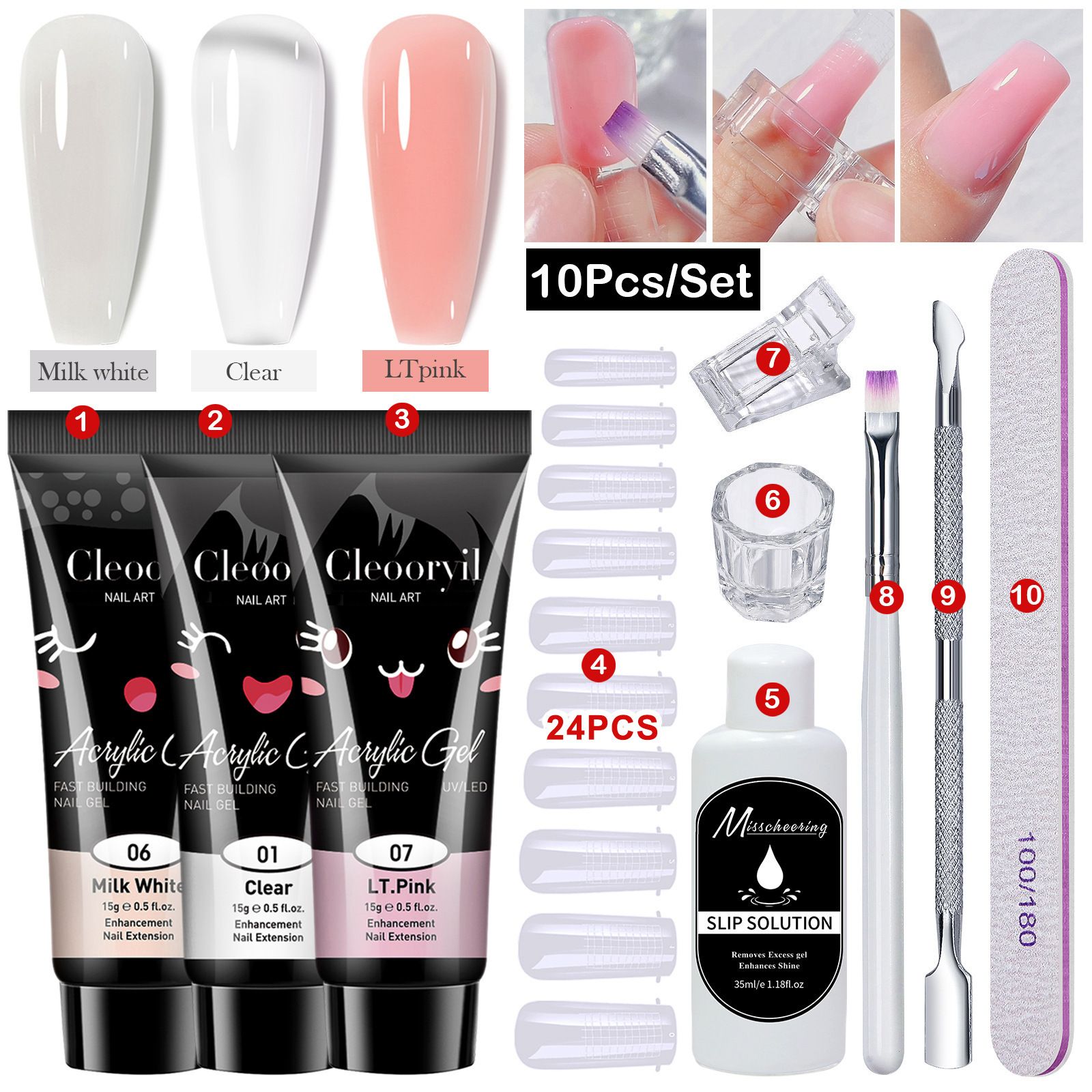 10pcs/set Nail Extension Gel Kit Clear Pink White Poly Nail Gel Nail Extension Set Nail Art Design Beginner Kit with Poly Brush and Slip Solution Nail Art Tool Set