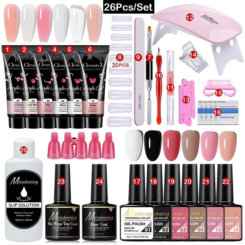 26pcs/set Poly Nail Gel Kit 6 Colors Nude Pink Clear White Builder Gel Nail Extension 6PCS Polish Nail Gel Accessories Tools Kit With Mini UV Lamp Slip Solution Pro Nail Art Design Gift for Women Girl