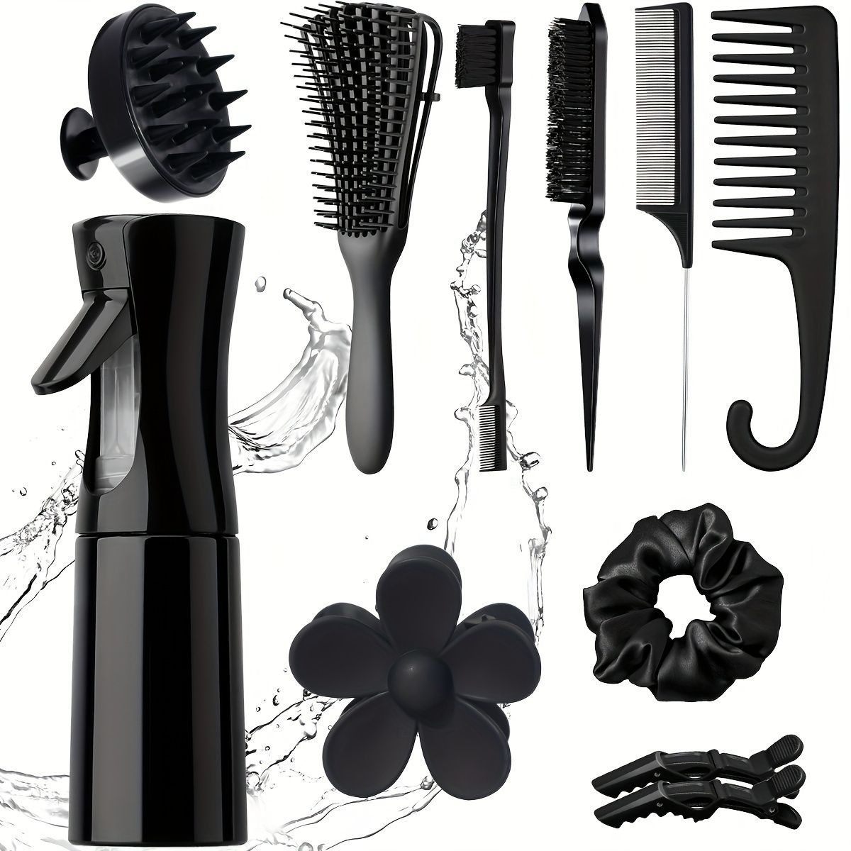 11PCS Hair Comb Set Hair Brush Set for Teasing Edge & Back Brushing Curly Hair Brush Set with Spray Bottle Scalp Massager Shampoo Brush Premium Wide Tooth Comb Flower Hair Clip Hair Styling Tool