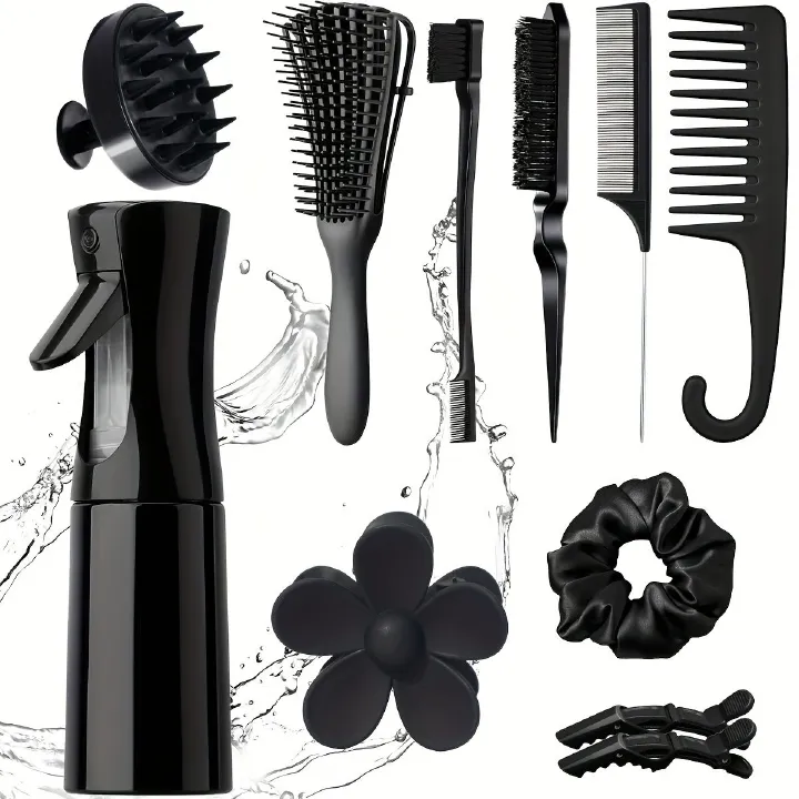 11PCS Hair Comb Set Hair Brush Set for Teasing Edge & Back Brushing Curly Hair Brush Set with Spray Bottle Scalp Massager Shampoo Brush Premium Wide Tooth Comb Flower Hair Clip Hair Styling Tool