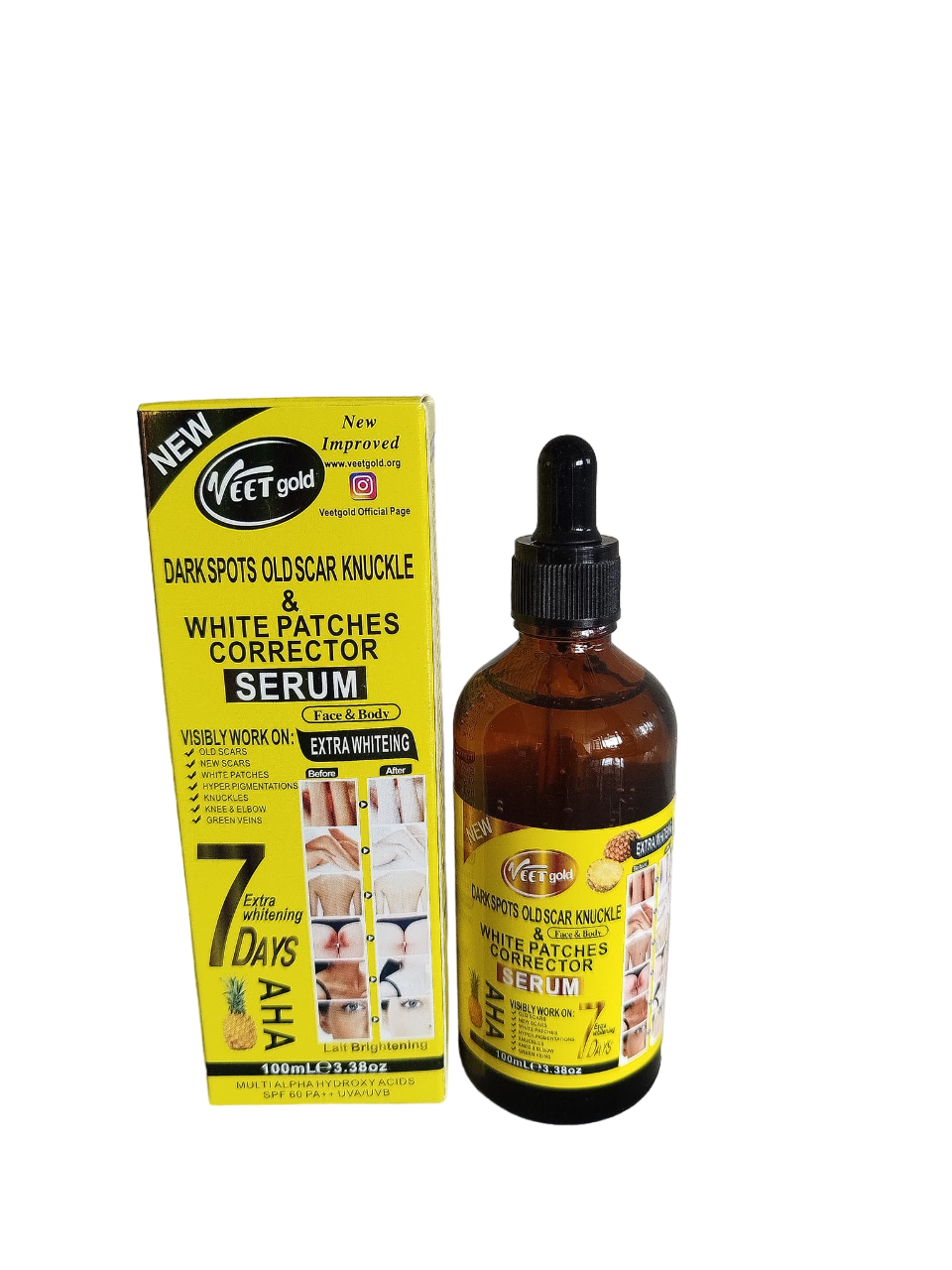 Veet Gold AHA Face & Body Serum SPF 60. Removes Scars, Dark Spots, White Patches, Hyperpigmentations, Dark Knuckles, Green Veins, Dark Knee & Elbow, Moisturizes, Brightens, Smooths & Evens skin tone.