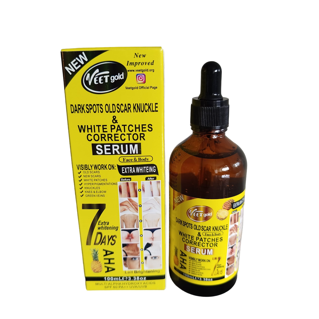 Veet Gold AHA Face & Body Serum SPF 60. Removes Scars, Dark Spots, White Patches, Hyperpigmentations, Dark Knuckles, Green Veins, Dark Knee & Elbow, Moisturizes, Brightens, Smooths & Evens skin tone.