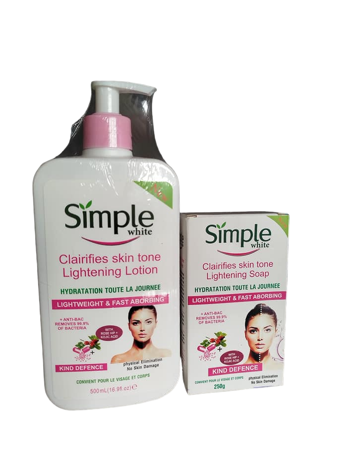 Simple White Rose Hip & Kojic Acid Lightening Body LOTION + SOAP. Cleanses, Clarifies, Moisturizes, Evens, Lightens, Fade Dark Spots, Anti-Bacretial, Glows, Smooths, Soften and Offers Sun Protection.