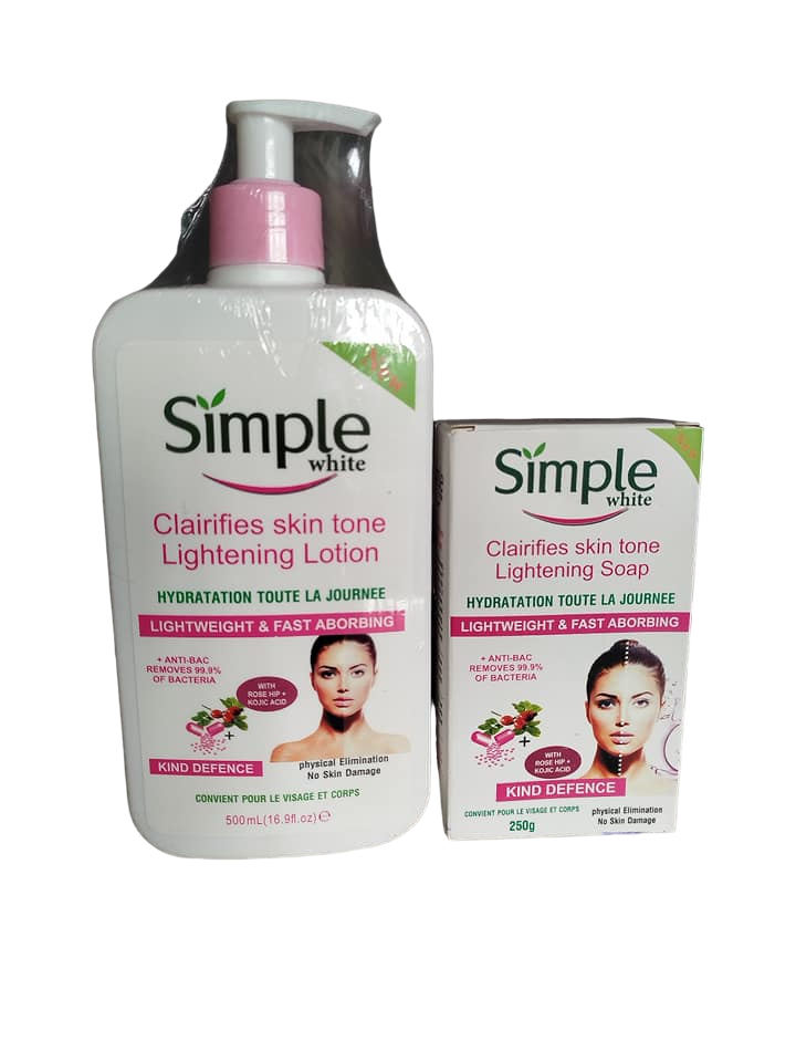 Simple White Rose Hip & Kojic Acid Lightening Body LOTION + SOAP. Cleanses, Clarifies, Moisturizes, Evens, Lightens, Fade Dark Spots, Anti-Bacretial, Glows, Smooths, Soften and Offers Sun Protection.