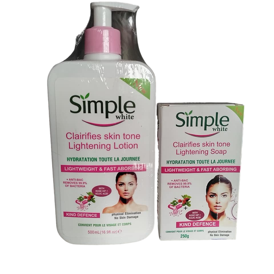 Simple White Rose Hip & Kojic Acid Lightening Body LOTION + SOAP. Cleanses, Clarifies, Moisturizes, Evens, Lightens, Fade Dark Spots, Anti-Bacretial, Glows, Smooths, Soften and Offers Sun Protection.