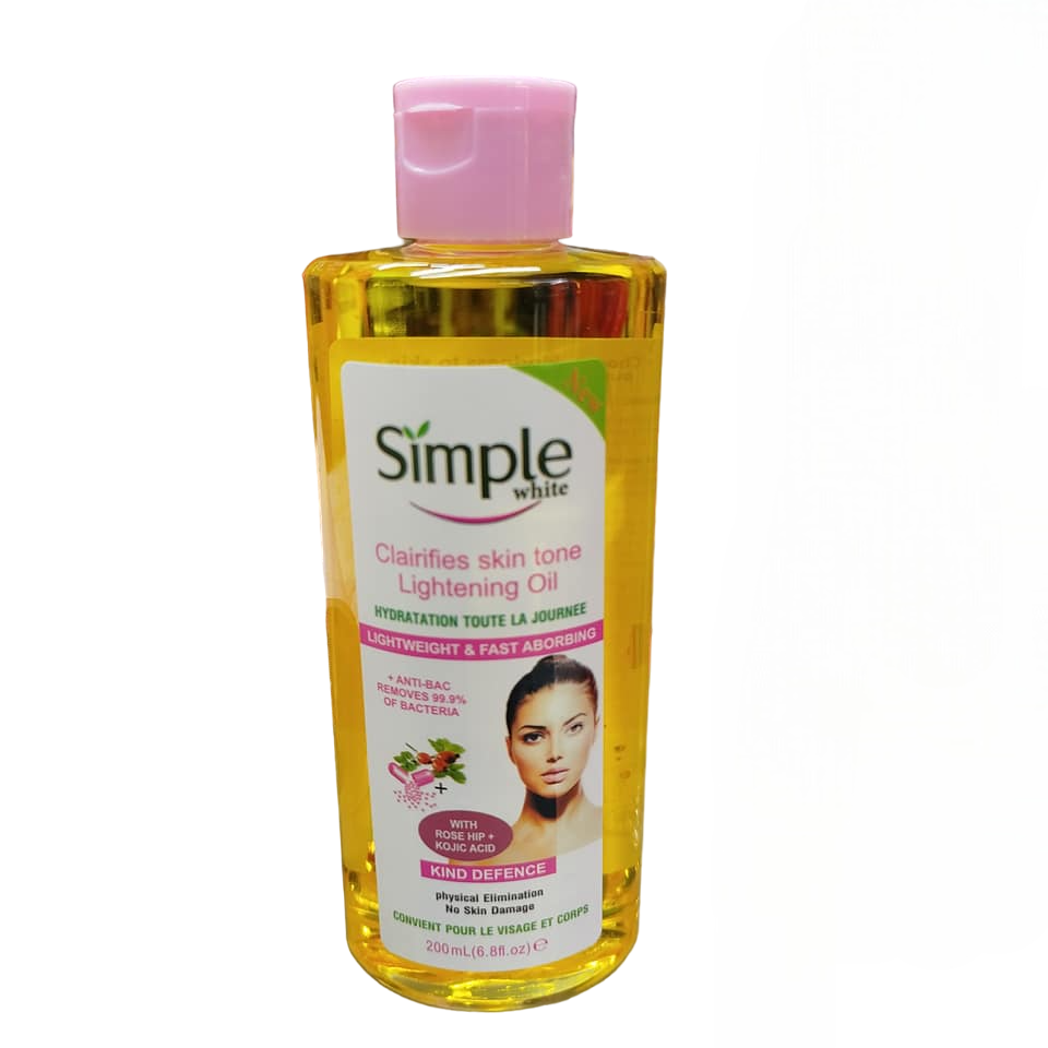Simple White Skin LIGHTENING Oil with rosehip & kojic acid. Lighten Acne marks, Scars, Removes stretch marks, Brightens, Moisturizes, clarifies and evens the skin tone.