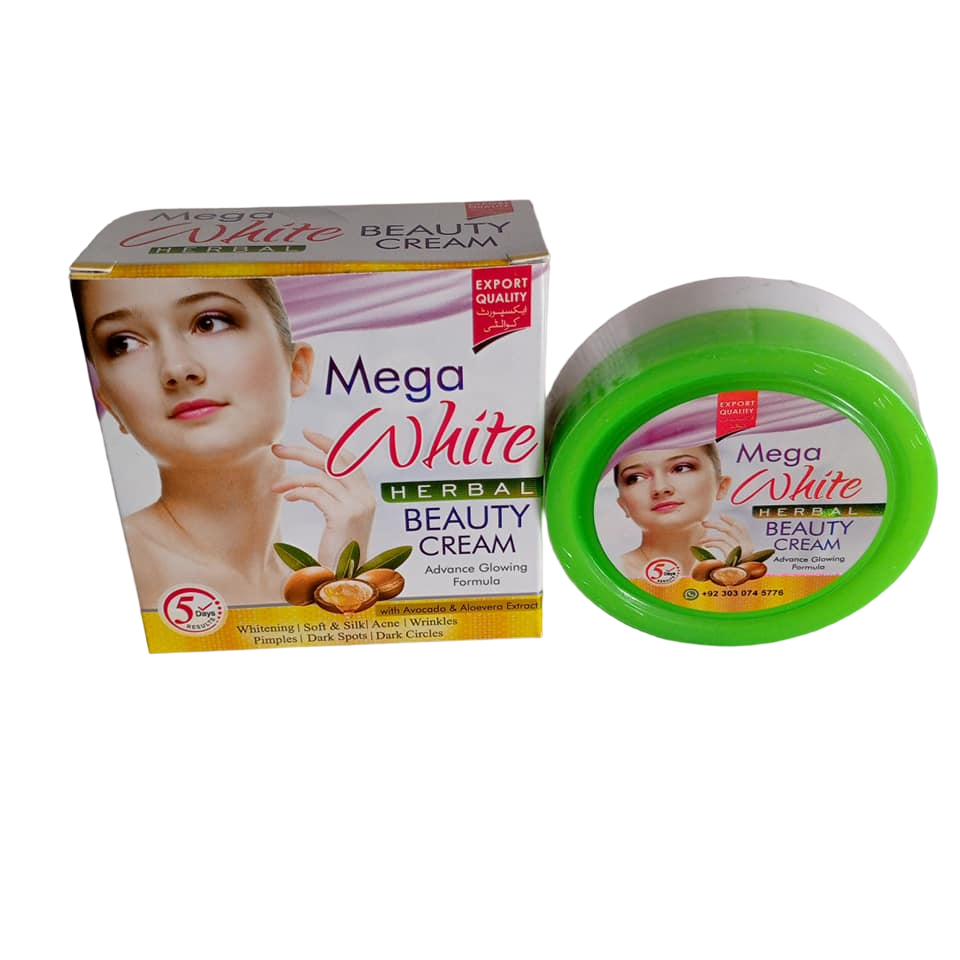 Mega White Herbal Beauty Face Cream. Removes Acne, Pimples, Wrinkles, Dark Spots, Dark Circles, Moisturizes, Nourishes & Softens.
