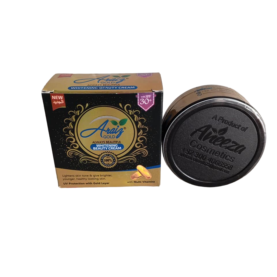 Araiz Gold Skin Lightening, Whitening & Brightening Face Cream SPF 30+. Brightens, Glows, Lightens the skin, Dark Spots, Marks, Scars, Blemishes, Imperfections, Moisturizes, Smooths & Softens