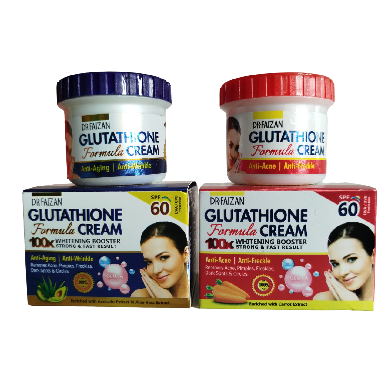 DR Faizan Glutathione Anti-WRINKLE & Anti-AGING Face Cream SPF 60 + Anti-ACNE & Anti-FRECKLE FACE Cream SPF 60 with Collagen, Gluta Plus & CARROT. Moisturizes, Evens, Treats Pimples, Acne & Dark Spots