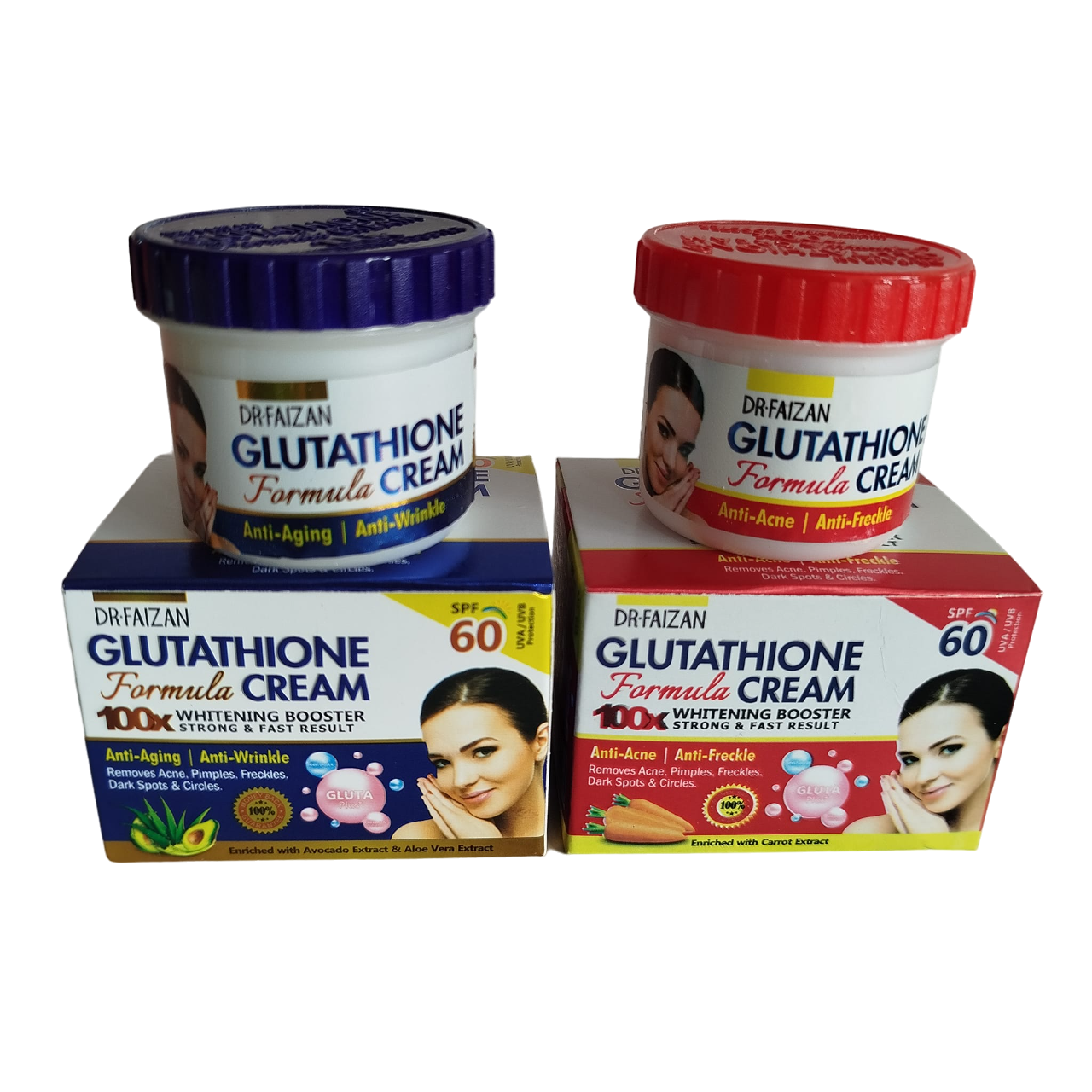 DR Faizan Glutathione Anti-WRINKLE & Anti-AGING Face Cream SPF 60 + Anti-ACNE & Anti-FRECKLE FACE Cream SPF 60 with Collagen, Gluta Plus & CARROT. Moisturizes, Evens, Treats Pimples, Acne & Dark Spots