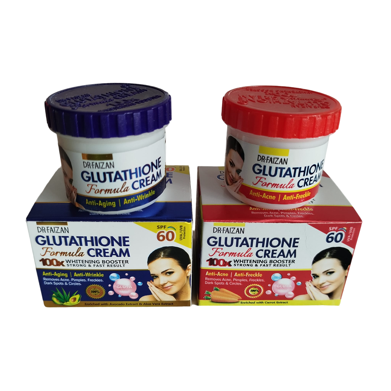 DR Faizan Glutathione Anti-WRINKLE & Anti-AGING Face Cream SPF 60 + Anti-ACNE & Anti-FRECKLE FACE Cream SPF 60 with Collagen, Gluta Plus & CARROT. Moisturizes, Evens, Treats Pimples, Acne & Dark Spots