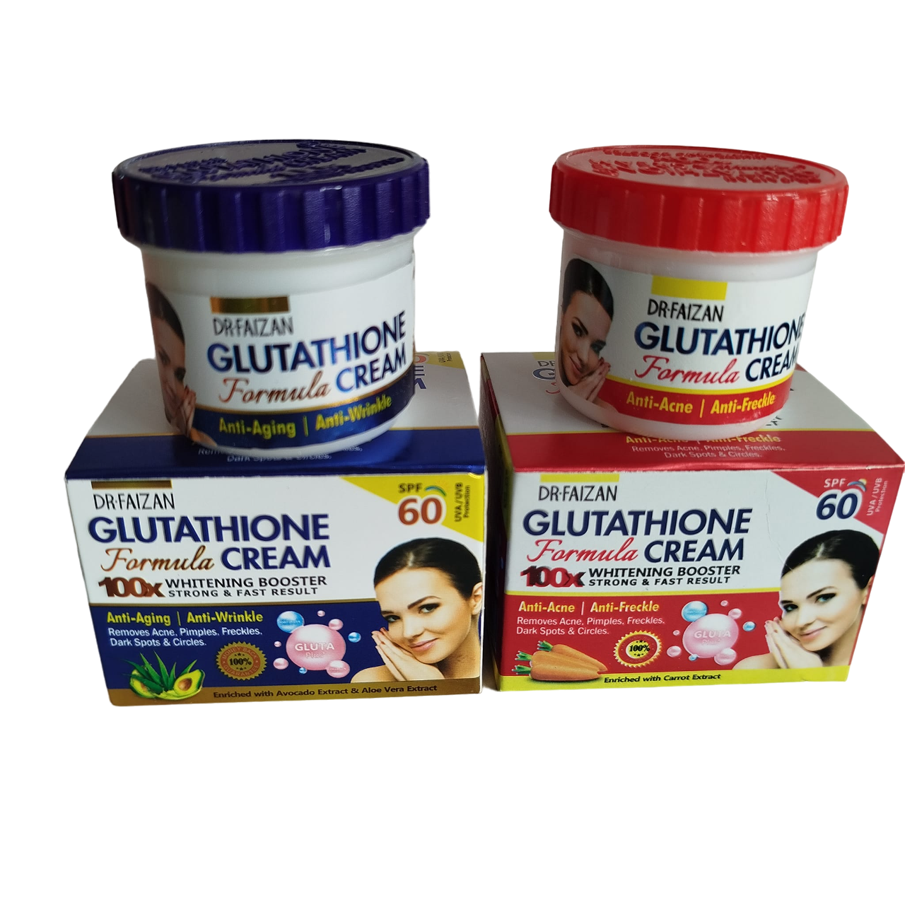 DR Faizan Glutathione Anti-WRINKLE & Anti-AGING Face Cream SPF 60 + Anti-ACNE & Anti-FRECKLE FACE Cream SPF 60 with Collagen, Gluta Plus & CARROT. Moisturizes, Evens, Treats Pimples, Acne & Dark Spots